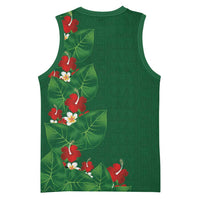 Hawaiian Taro Leaves-Hibiscus and Plumeria Basketball Jersey Polynesian Art-Kakau Tattoo Green