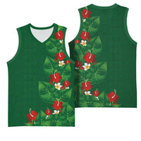 Hawaiian Taro Leaves-Hibiscus and Plumeria Basketball Jersey Polynesian Art-Kakau Tattoo Green