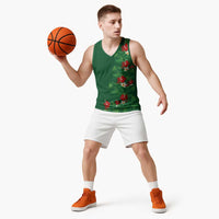 Hawaiian Taro Leaves-Hibiscus and Plumeria Basketball Jersey Polynesian Art-Kakau Tattoo Green