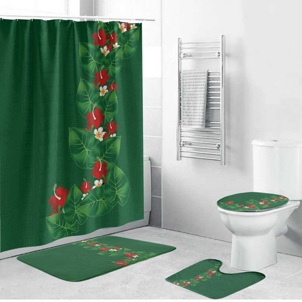 Hawaiian Taro Leaves-Hibiscus and Plumeria Bathroom Set Polynesian Art-Kakau Tattoo Green LT03 Bathroom Set (4 pcs) Green - Polynesian Pride