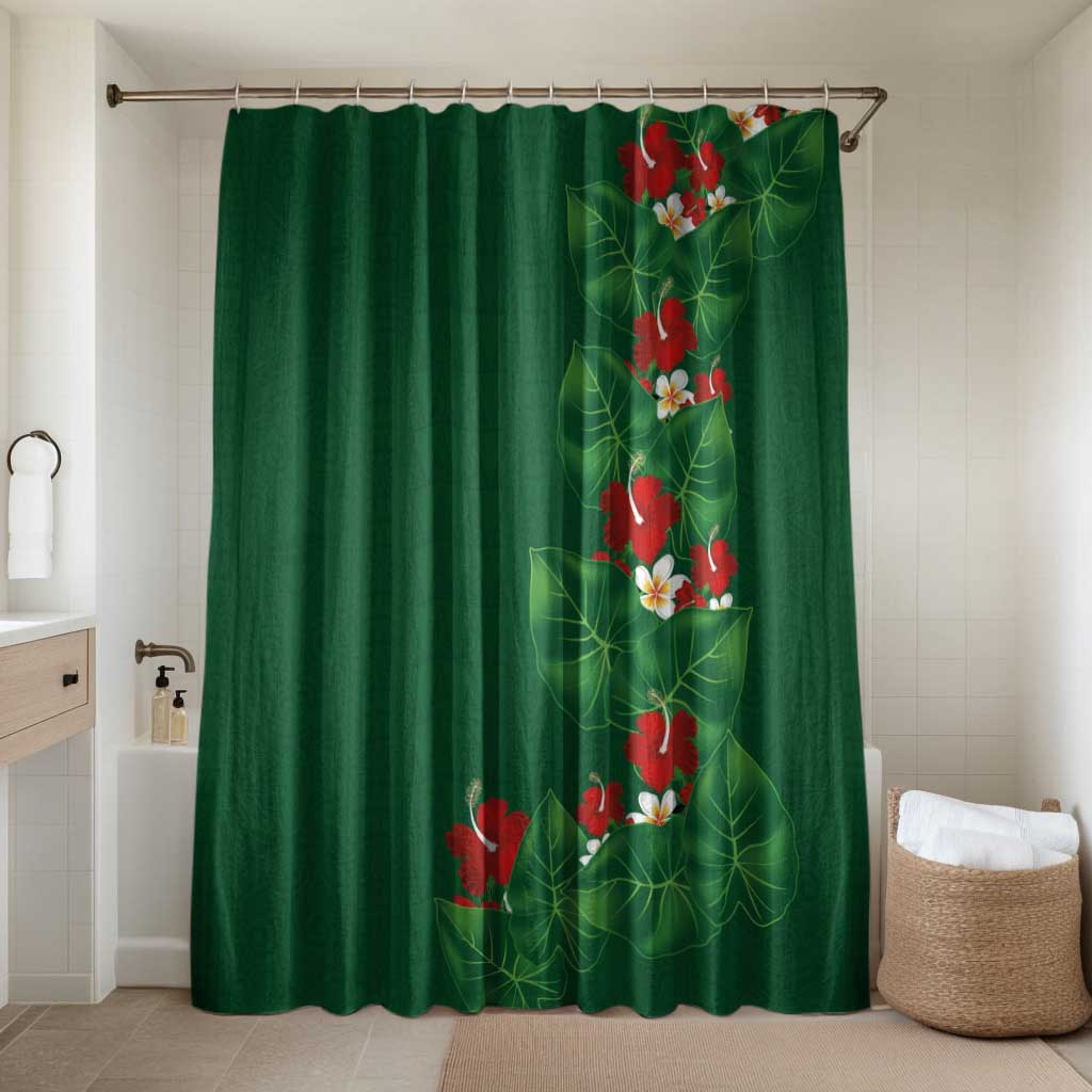 Hawaiian Taro Leaves-Hibiscus and Plumeria Bathroom Set Polynesian Art-Kakau Tattoo Green LT03 Shower Curtain Only Green - Polynesian Pride