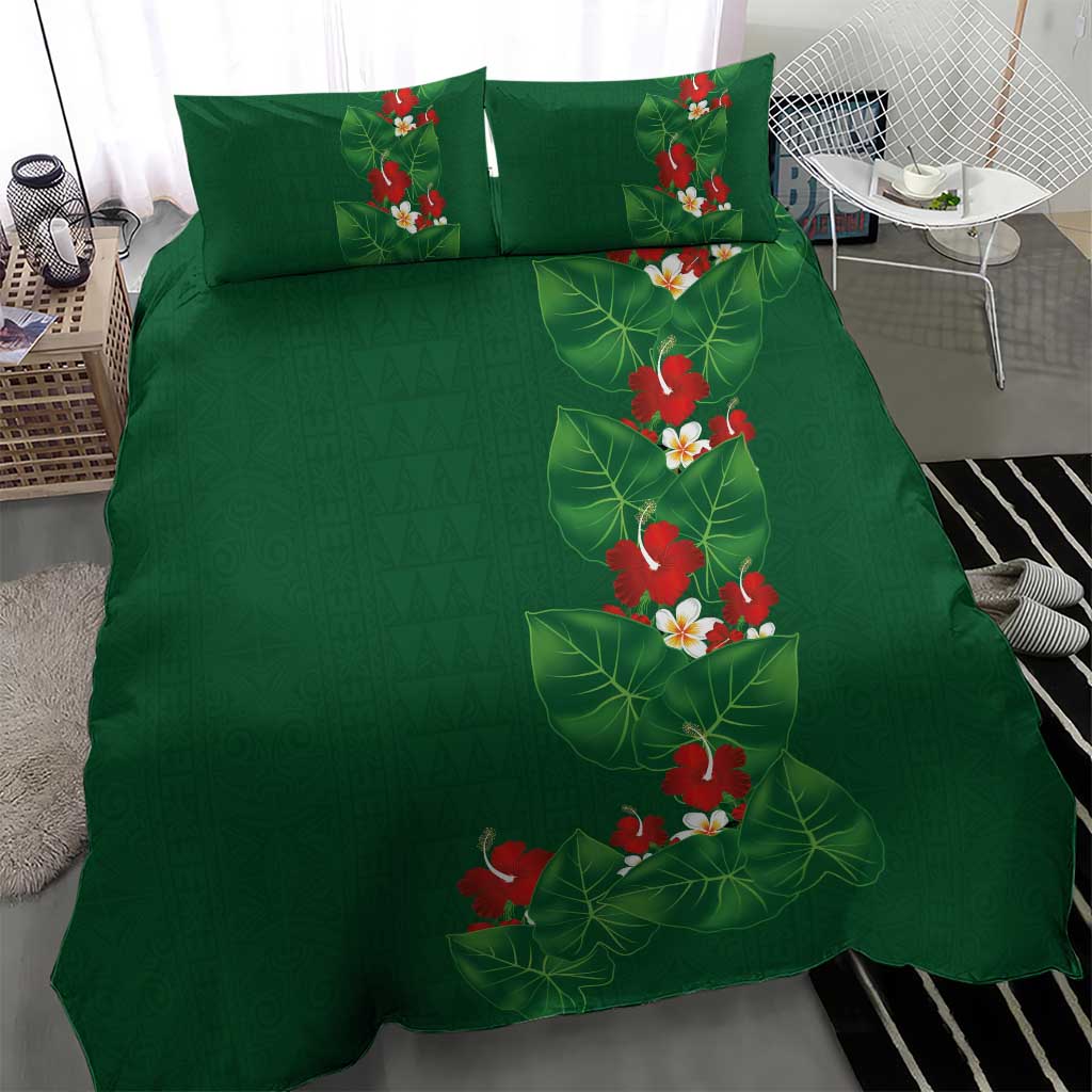 Hawaiian Taro Leaves-Hibiscus and Plumeria Bedding Set Polynesian Art-Kakau Tattoo Green LT03 - Polynesian Pride