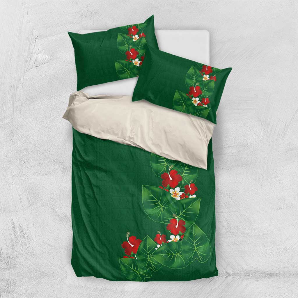 Hawaiian Taro Leaves-Hibiscus and Plumeria Bedding Set Polynesian Art-Kakau Tattoo Green LT03 US Twin 172cm x 218cm Green - Polynesian Pride