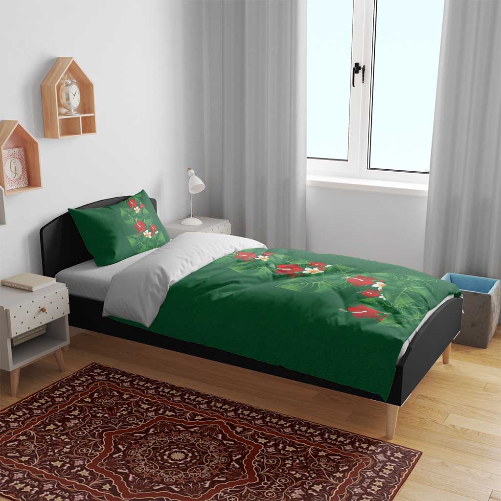 Hawaiian Taro Leaves-Hibiscus and Plumeria Bedding Set Polynesian Art-Kakau Tattoo Green LT03 - Polynesian Pride