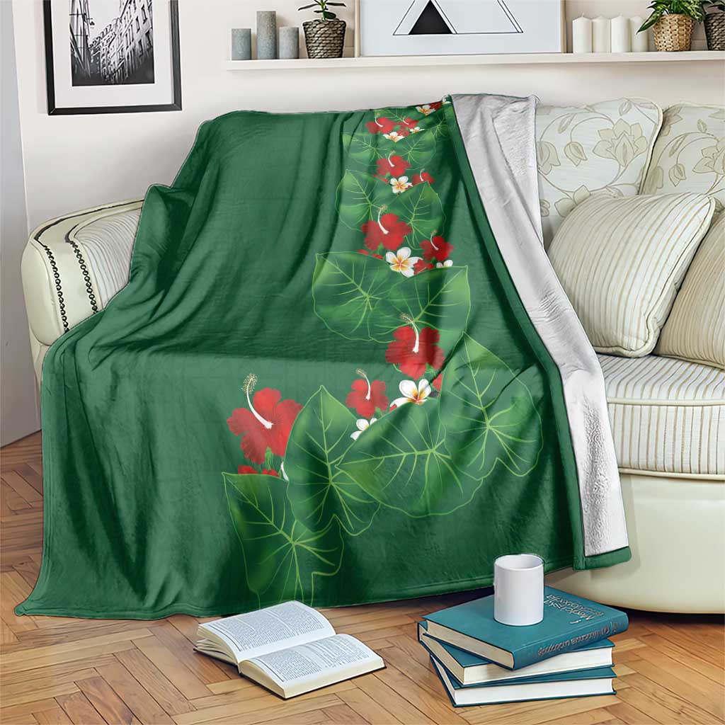 Hawaiian Taro Leaves-Hibiscus and Plumeria Blanket Polynesian Art-Kakau Tattoo Green LT03 Green - Polynesian Pride