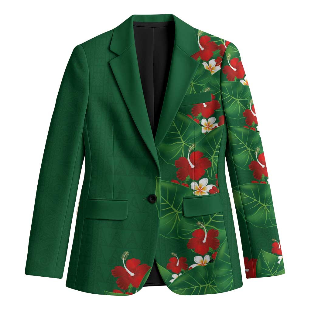 Hawaiian Taro Leaves-Hibiscus and Plumeria Blazer Polynesian Art-Kakau Tattoo Green