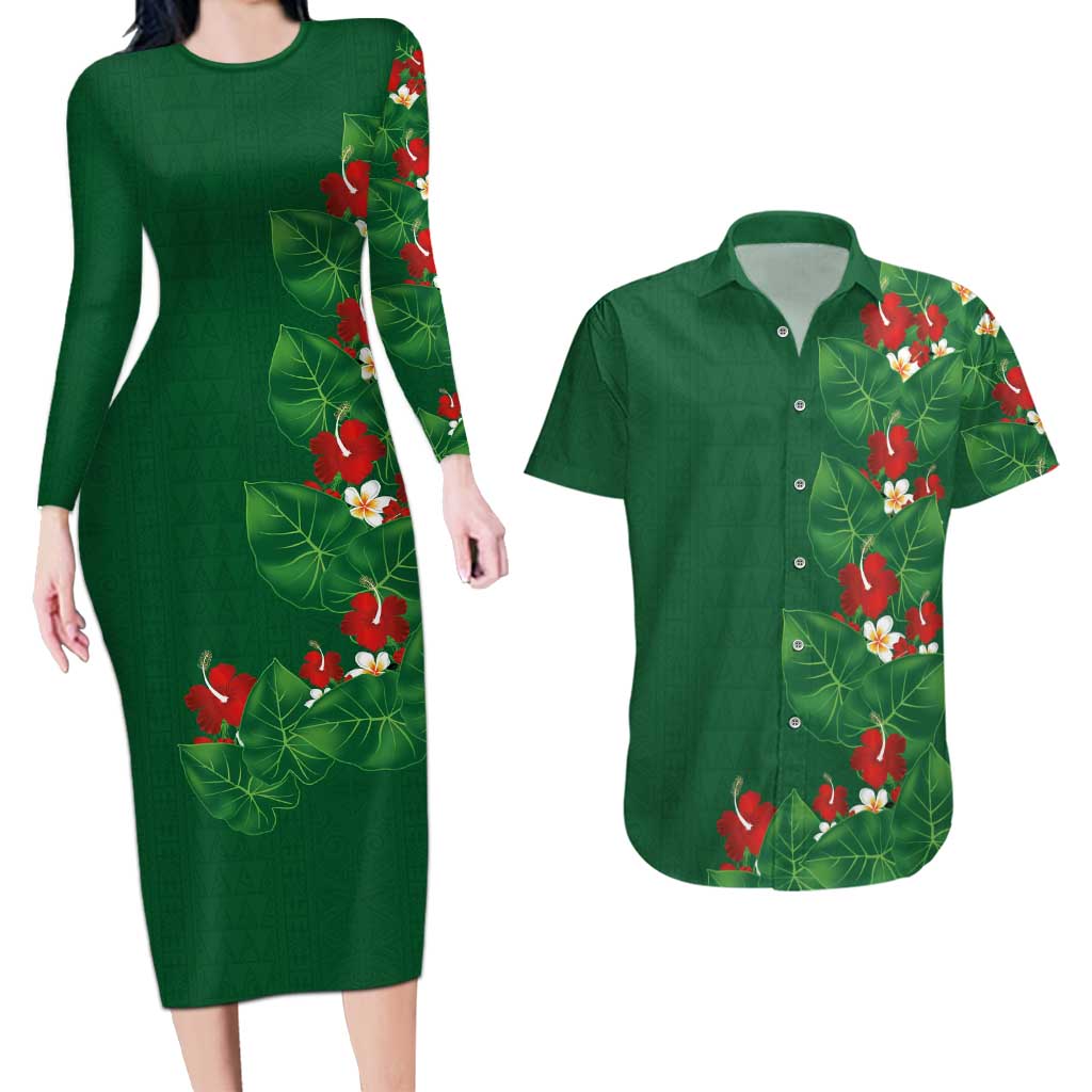 Hawaiian Taro Leaves-Hibiscus and Plumeria Couples Matching Long Sleeve Bodycon Dress and Hawaiian Shirt Polynesian Art-Kakau Tattoo Green LT03 Green - Polynesian Pride