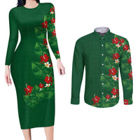 Hawaiian Taro Leaves-Hibiscus and Plumeria Couples Matching Long Sleeve Bodycon Dress and Long Sleeve Button Shirt Polynesian Art-Kakau Tattoo Green LT03 Green - Polynesian Pride