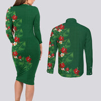 Hawaiian Taro Leaves-Hibiscus and Plumeria Couples Matching Long Sleeve Bodycon Dress and Long Sleeve Button Shirt Polynesian Art-Kakau Tattoo Green LT03 - Polynesian Pride