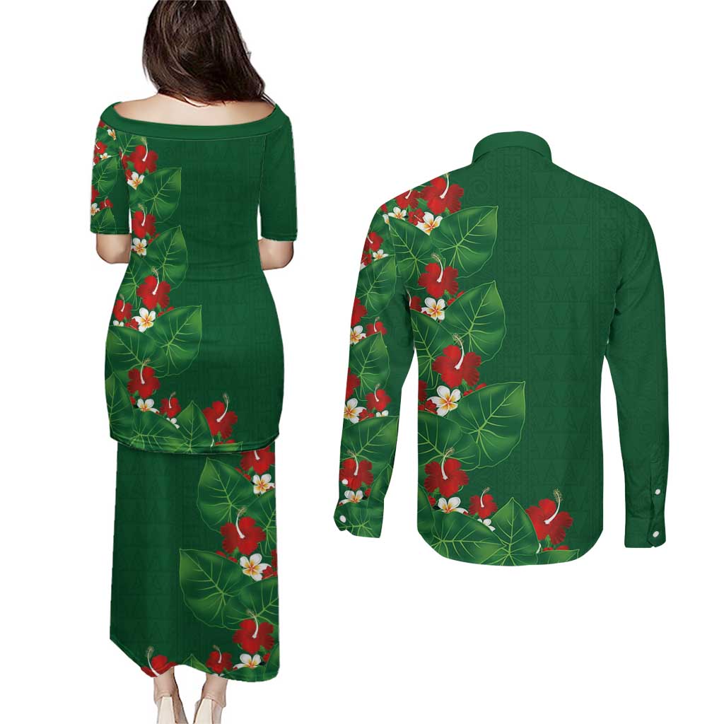 Hawaiian Taro Leaves-Hibiscus and Plumeria Couples Matching Puletasi and Long Sleeve Button Shirt Polynesian Art-Kakau Tattoo Green