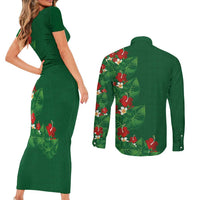 Hawaiian Taro Leaves-Hibiscus and Plumeria Couples Matching Short Sleeve Bodycon Dress and Long Sleeve Button Shirt Polynesian Art-Kakau Tattoo Green LT03 - Polynesian Pride
