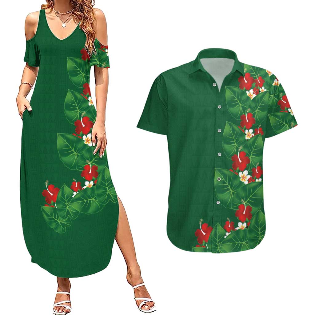 Hawaiian Taro Leaves-Hibiscus and Plumeria Couples Matching Summer Maxi Dress and Hawaiian Shirt Polynesian Art-Kakau Tattoo Green LT03 Green - Polynesian Pride