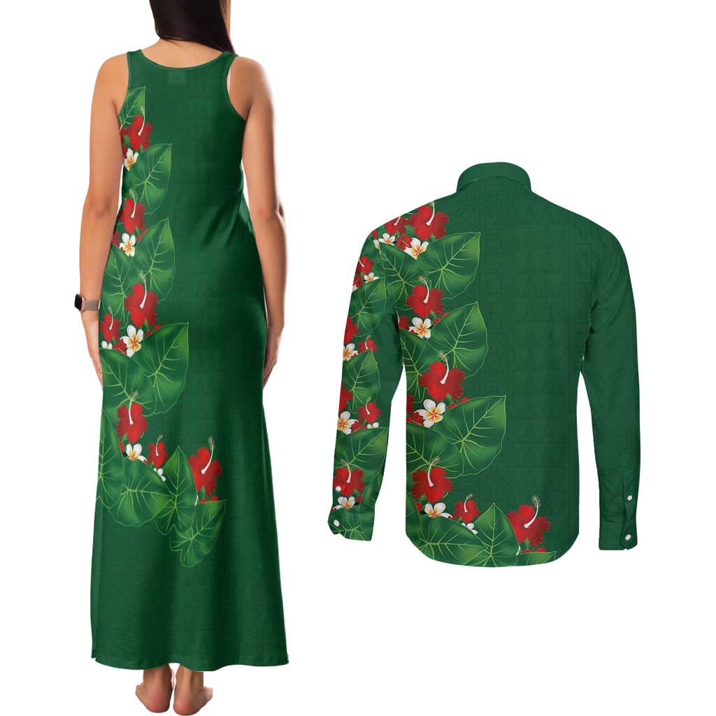 Hawaiian Taro Leaves-Hibiscus and Plumeria Couples Matching Tank Maxi Dress and Long Sleeve Button Shirt Polynesian Art-Kakau Tattoo Green LT03 - Polynesian Pride