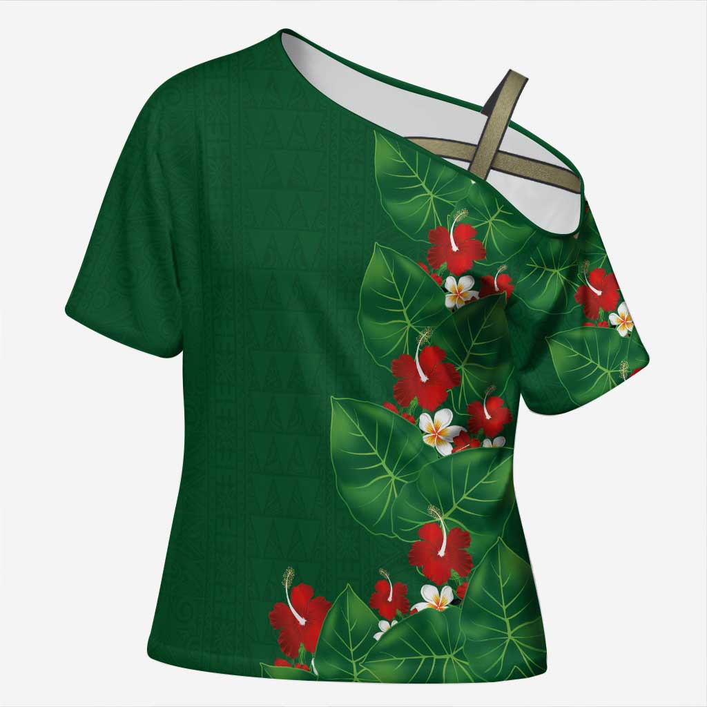 Hawaiian Taro Leaves-Hibiscus and Plumeria Cross Shoulder Shirt Polynesian Art-Kakau Tattoo Green