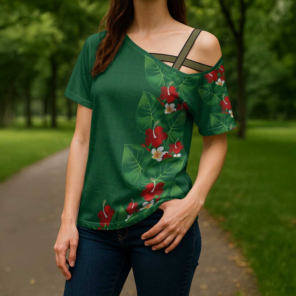 Hawaiian Taro Leaves-Hibiscus and Plumeria Cross Shoulder Shirt Polynesian Art-Kakau Tattoo Green