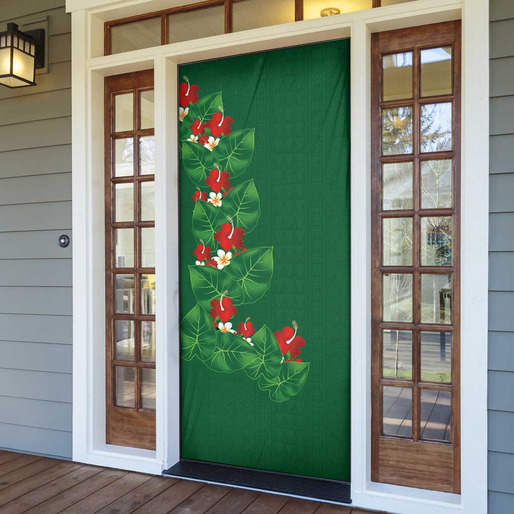 Hawaiian Taro Leaves-Hibiscus and Plumeria Door Cover Polynesian Art-Kakau Tattoo Green
