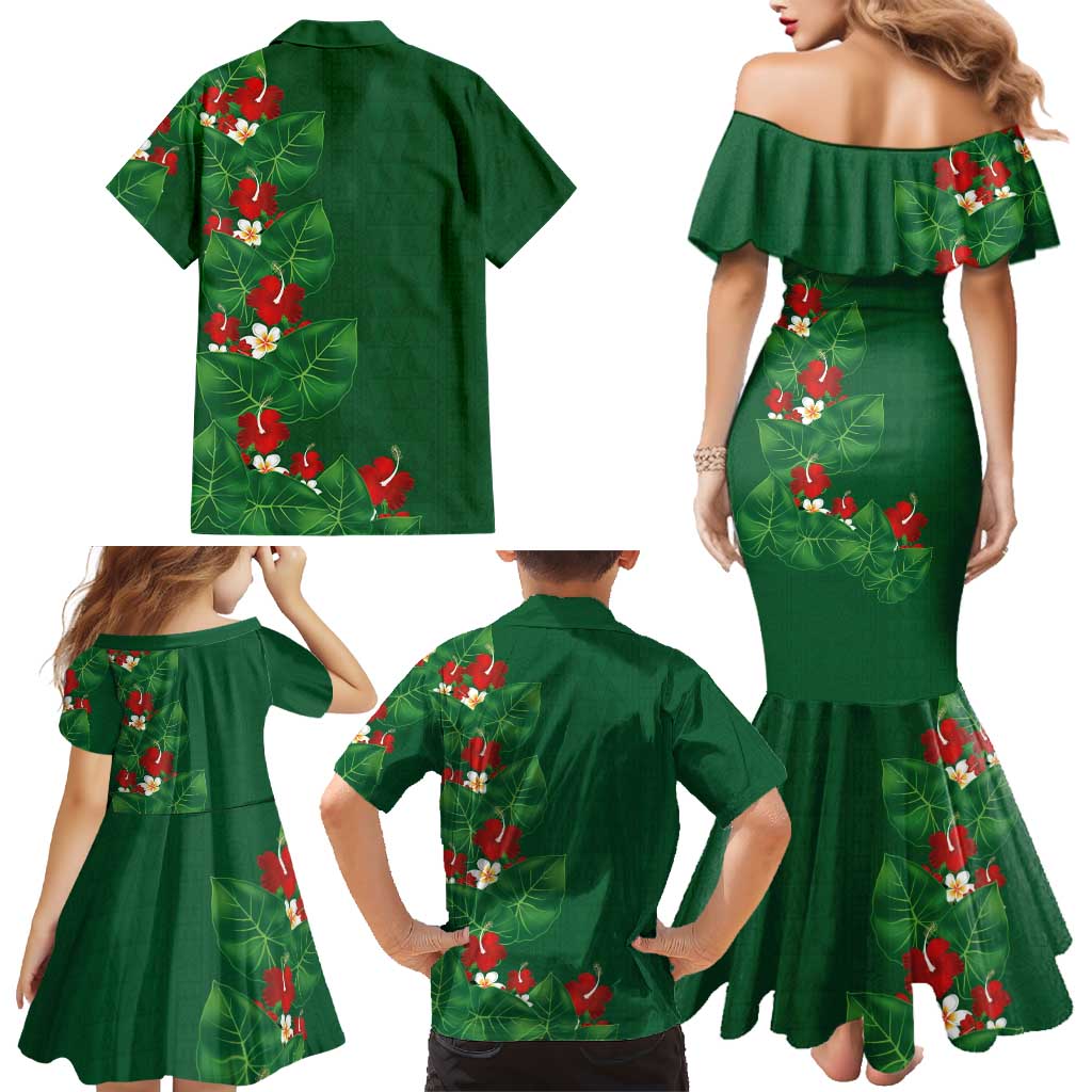 Hawaiian Taro Leaves-Hibiscus and Plumeria Family Matching Mermaid Dress and Hawaiian Shirt Polynesian Art-Kakau Tattoo Green LT03 - Polynesian Pride