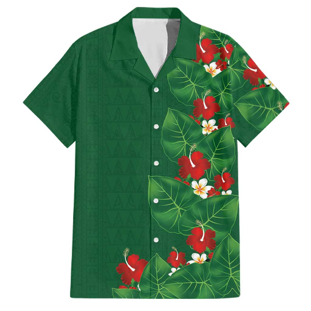 Hawaiian Taro Leaves-Hibiscus and Plumeria Family Matching Mermaid Dress and Hawaiian Shirt Polynesian Art-Kakau Tattoo Green LT03 Dad's Shirt - Short Sleeve Green - Polynesian Pride