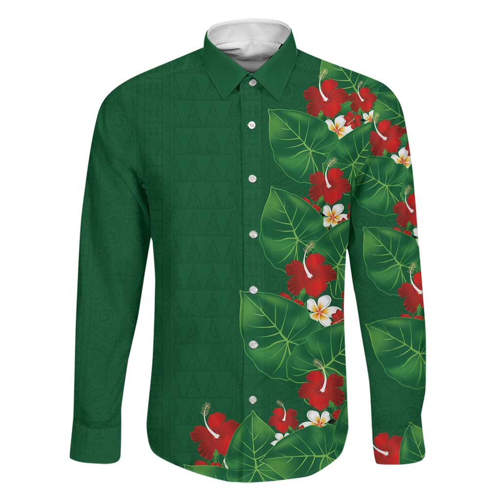 Hawaiian Taro Leaves-Hibiscus and Plumeria Family Matching Mermaid Dress and Hawaiian Shirt Polynesian Art-Kakau Tattoo Green LT03 Dad's Shirt - Long Sleeve Green - Polynesian Pride
