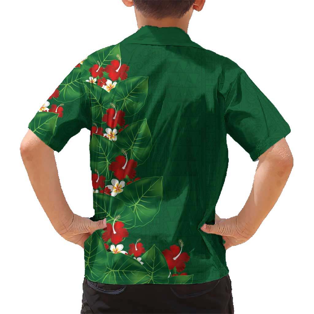 Hawaiian Taro Leaves-Hibiscus and Plumeria Family Matching Off The Shoulder Long Sleeve Dress and Hawaiian Shirt Polynesian Art-Kakau Tattoo Green LT03 - Polynesian Pride