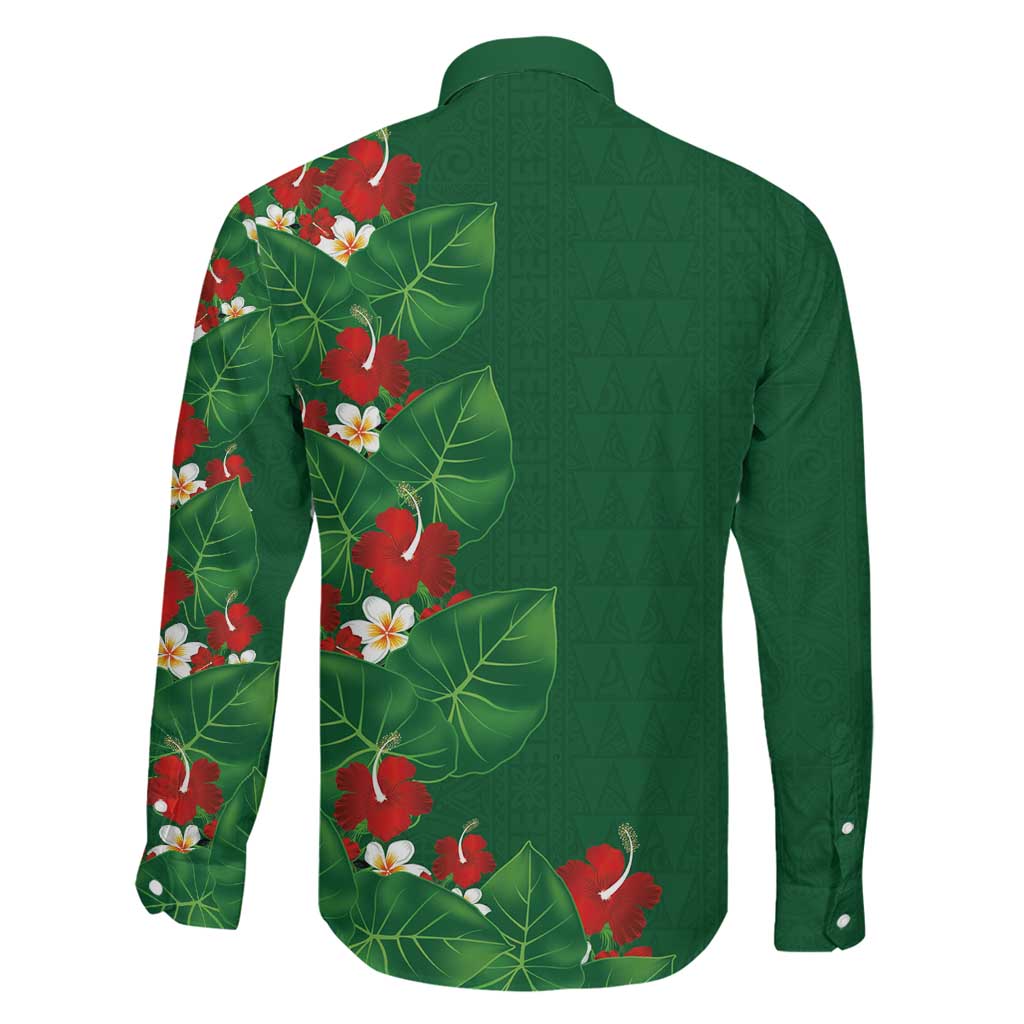 Hawaiian Taro Leaves-Hibiscus and Plumeria Family Matching Off The Shoulder Long Sleeve Dress and Hawaiian Shirt Polynesian Art-Kakau Tattoo Green LT03 - Polynesian Pride