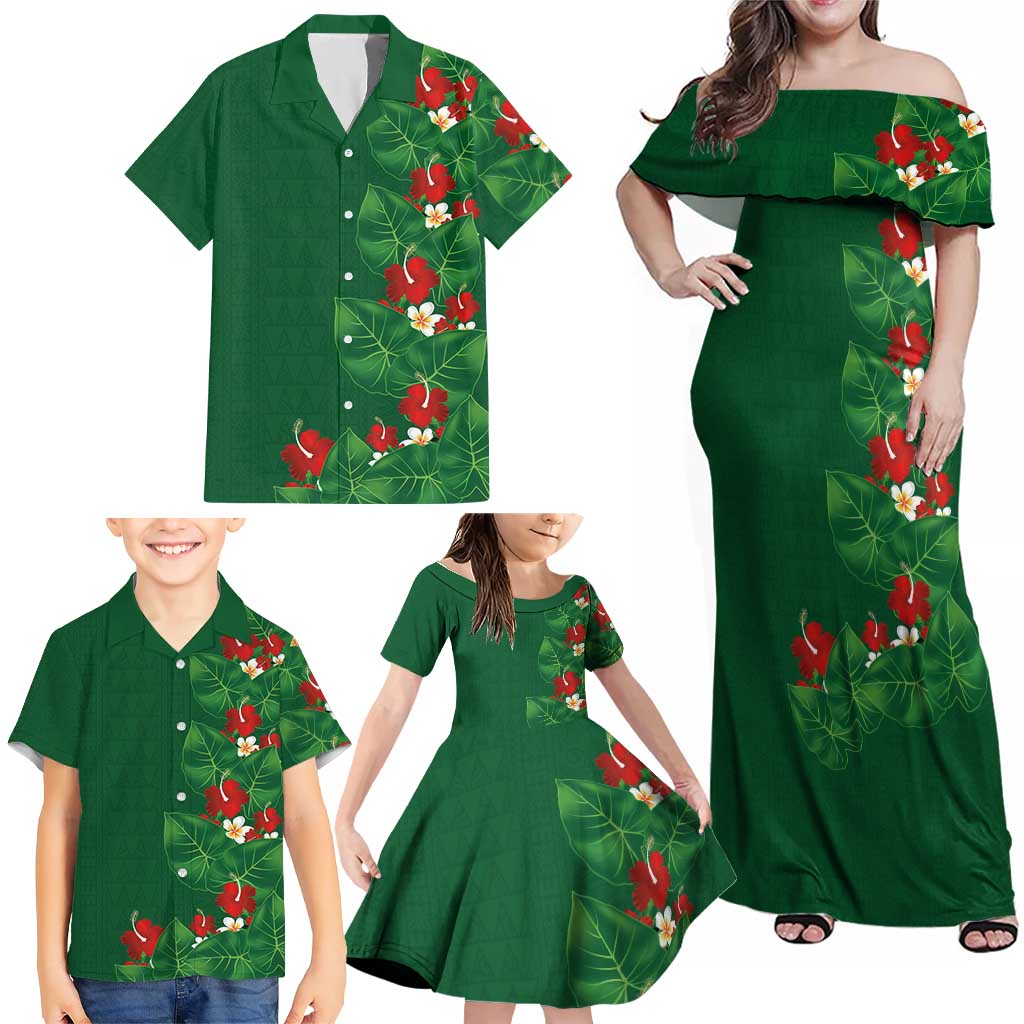 Hawaiian Taro Leaves-Hibiscus and Plumeria Family Matching Off Shoulder Maxi Dress and Hawaiian Shirt Polynesian Art-Kakau Tattoo Green