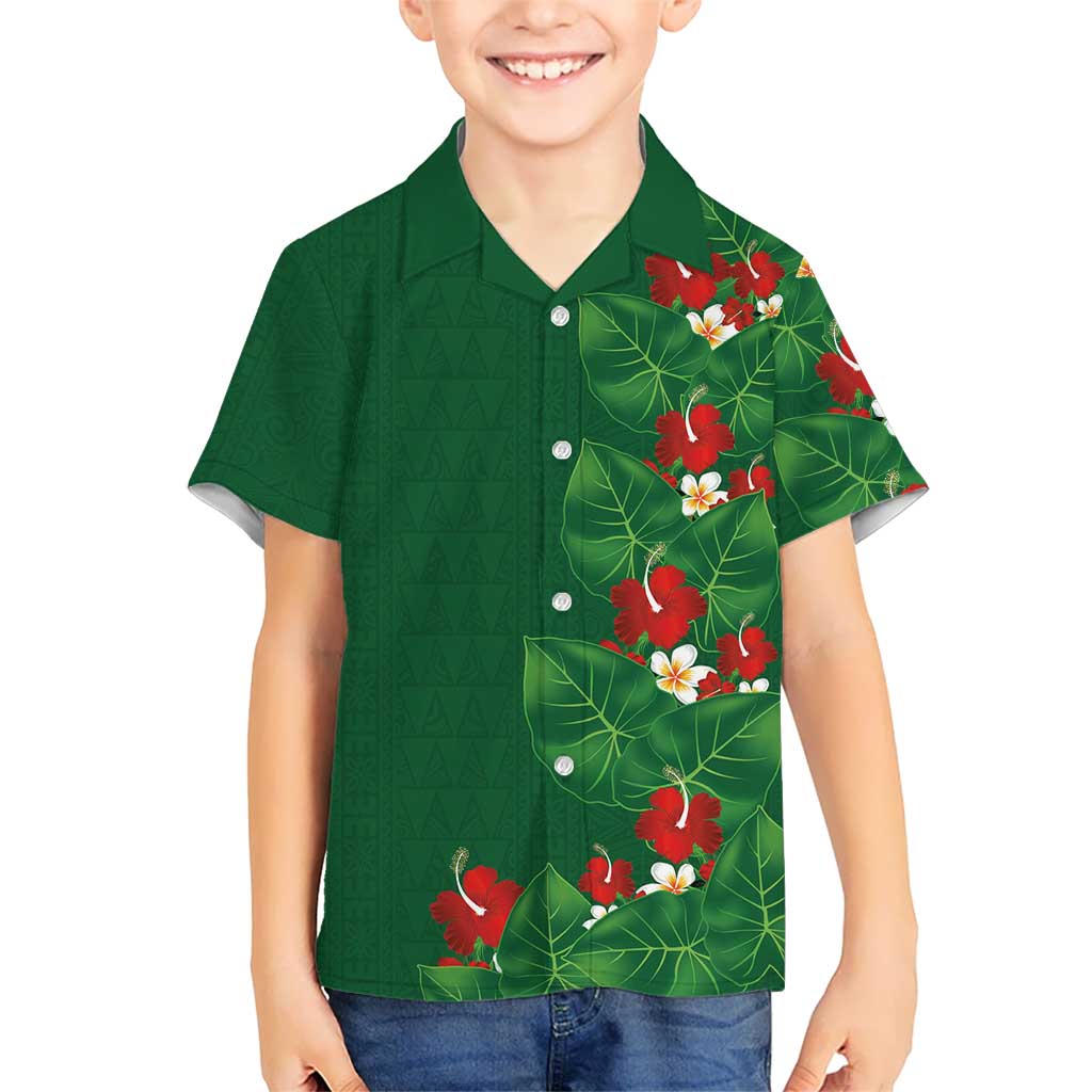 Hawaiian Taro Leaves-Hibiscus and Plumeria Family Matching Tank Maxi Dress and Hawaiian Shirt Polynesian Art-Kakau Tattoo Green LT03 Son's Shirt Green - Polynesian Pride
