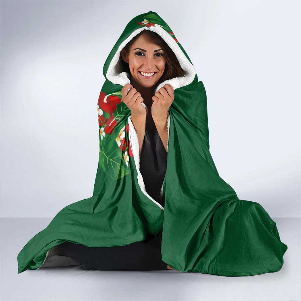 Hawaiian Taro Leaves-Hibiscus and Plumeria Hooded Blanket Polynesian Art-Kakau Tattoo Green