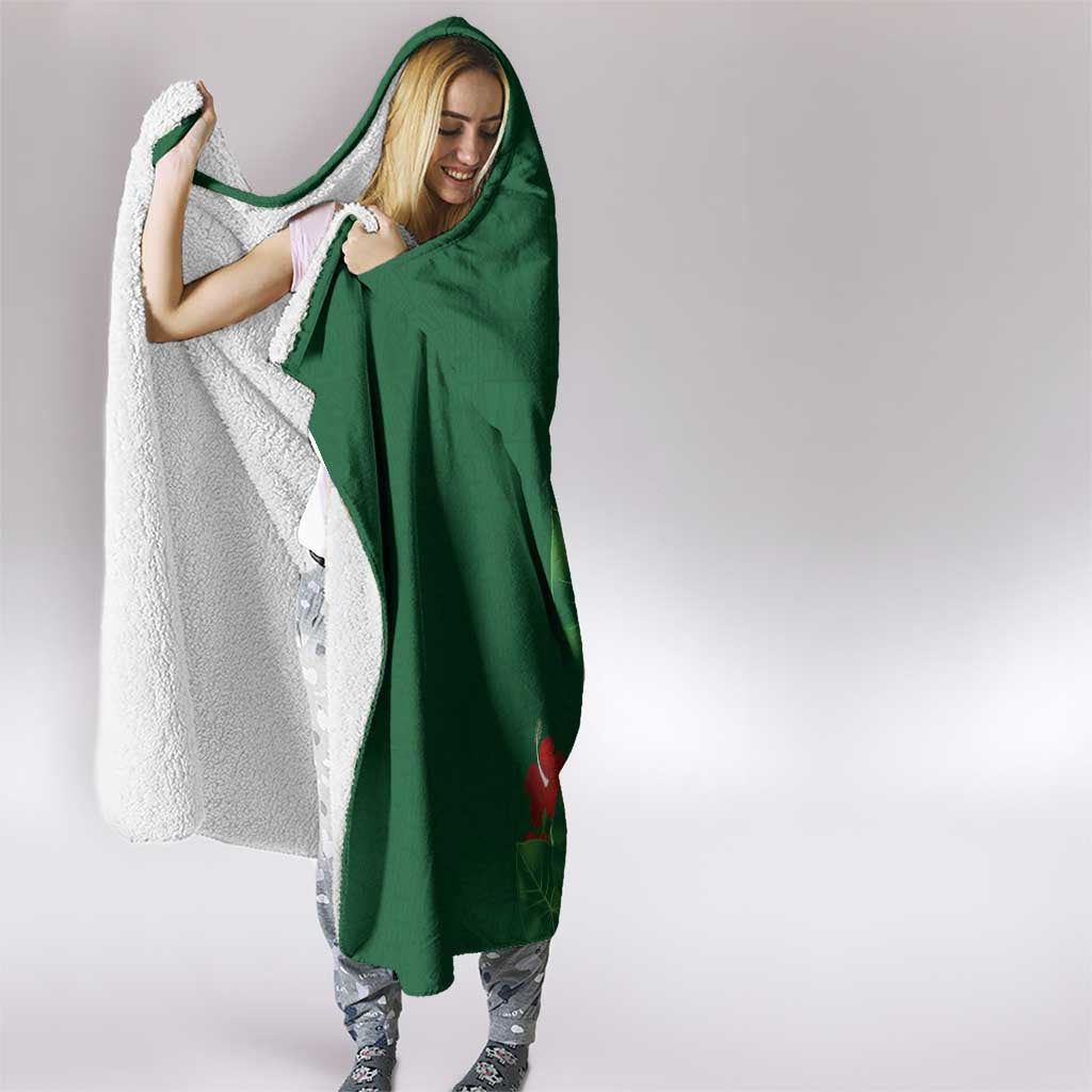Hawaiian Taro Leaves-Hibiscus and Plumeria Hooded Blanket Polynesian Art-Kakau Tattoo Green