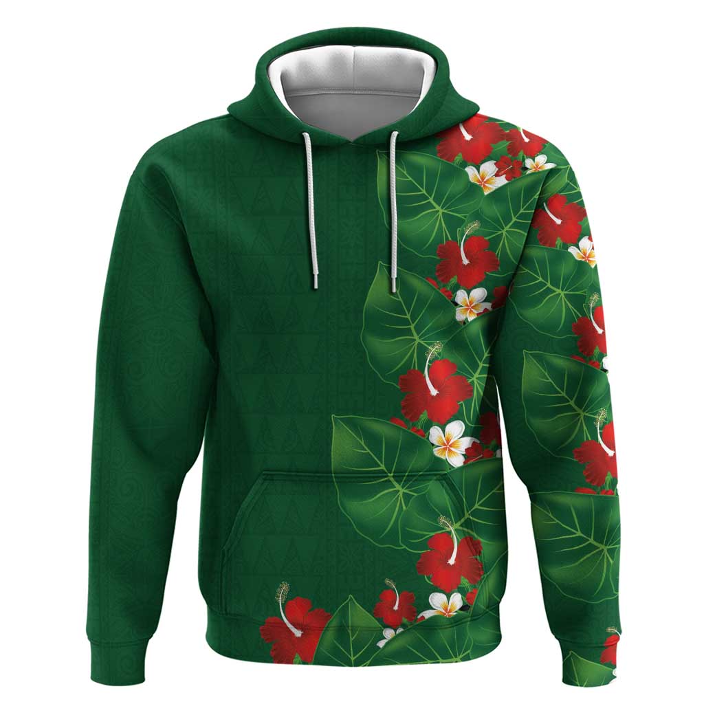 Hawaiian Taro Leaves-Hibiscus and Plumeria Hoodie Polynesian Art-Kakau Tattoo Green