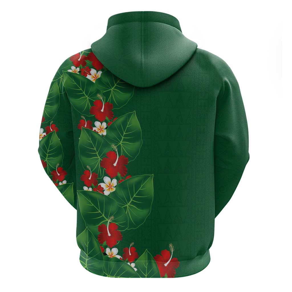 Hawaiian Taro Leaves-Hibiscus and Plumeria Hoodie Polynesian Art-Kakau Tattoo Green