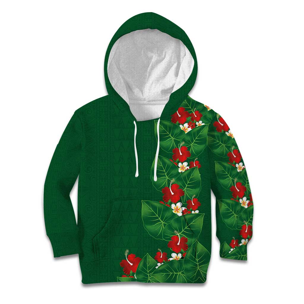 Hawaiian Taro Leaves-Hibiscus and Plumeria Kid Hoodie Polynesian Art-Kakau Tattoo Green