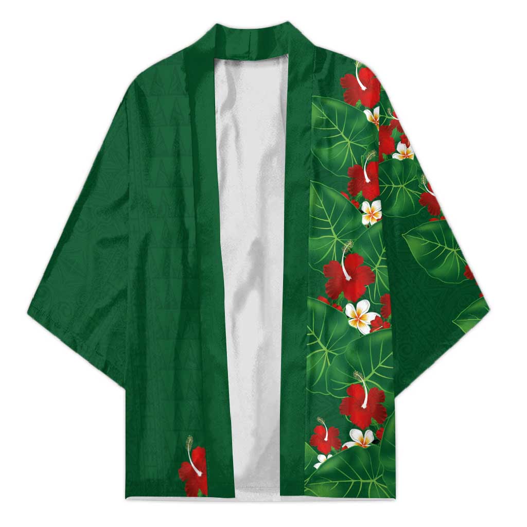Hawaiian Taro Leaves-Hibiscus and Plumeria Kimono Polynesian Art-Kakau Tattoo Green LT03 Unisex Green - Polynesian Pride