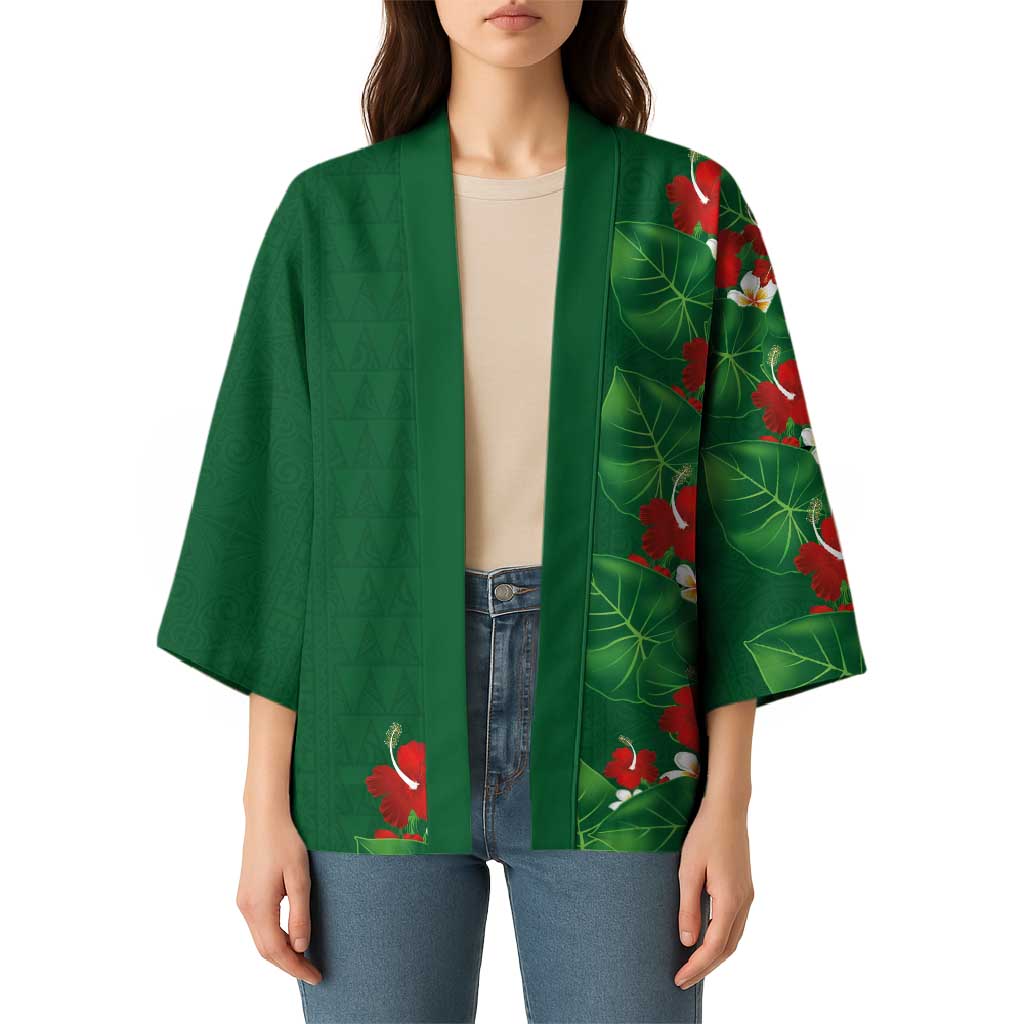 Hawaiian Taro Leaves-Hibiscus and Plumeria Kimono Polynesian Art-Kakau Tattoo Green LT03 - Polynesian Pride