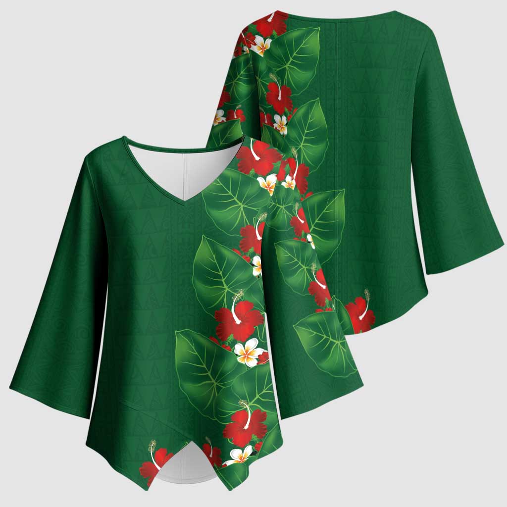Hawaiian Taro Leaves-Hibiscus and Plumeria Kimono Sleeve Blouse Polynesian Art-Kakau Tattoo Green