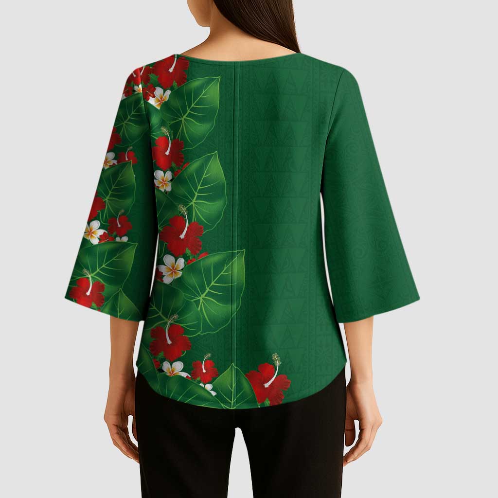 Hawaiian Taro Leaves-Hibiscus and Plumeria Kimono Sleeve Blouse Polynesian Art-Kakau Tattoo Green
