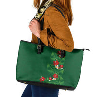 Hawaiian Taro Leaves-Hibiscus and Plumeria Leather Tote Bag Polynesian Art-Kakau Tattoo Green