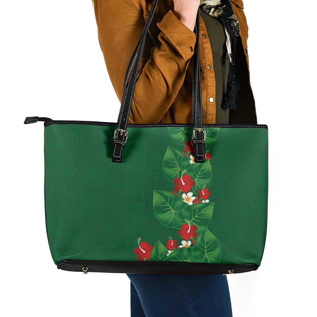 Hawaiian Taro Leaves-Hibiscus and Plumeria Leather Tote Bag Polynesian Art-Kakau Tattoo Green