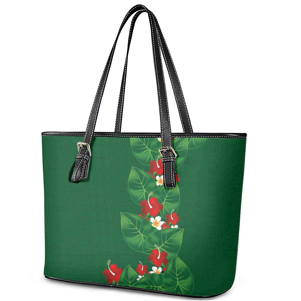 Hawaiian Taro Leaves-Hibiscus and Plumeria Leather Tote Bag Polynesian Art-Kakau Tattoo Green