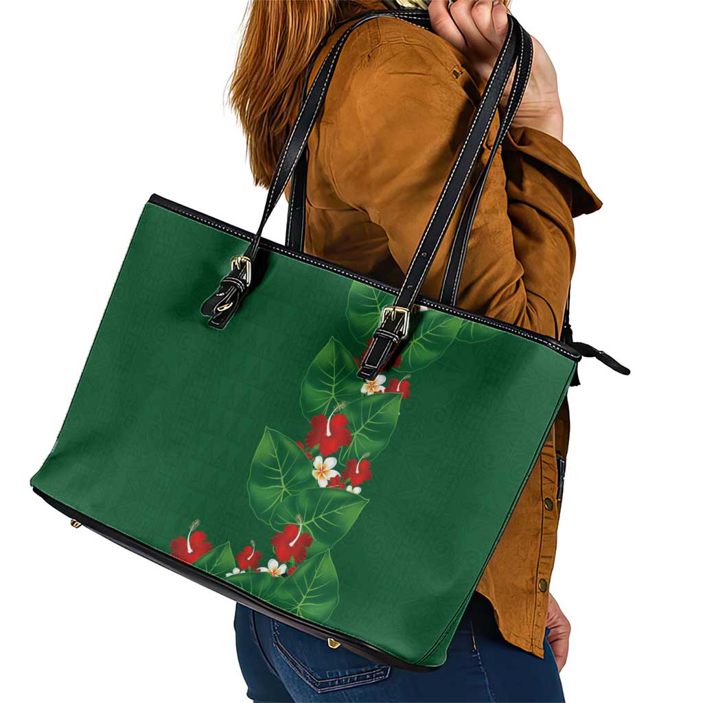 Hawaiian Taro Leaves-Hibiscus and Plumeria Leather Tote Bag Polynesian Art-Kakau Tattoo Green