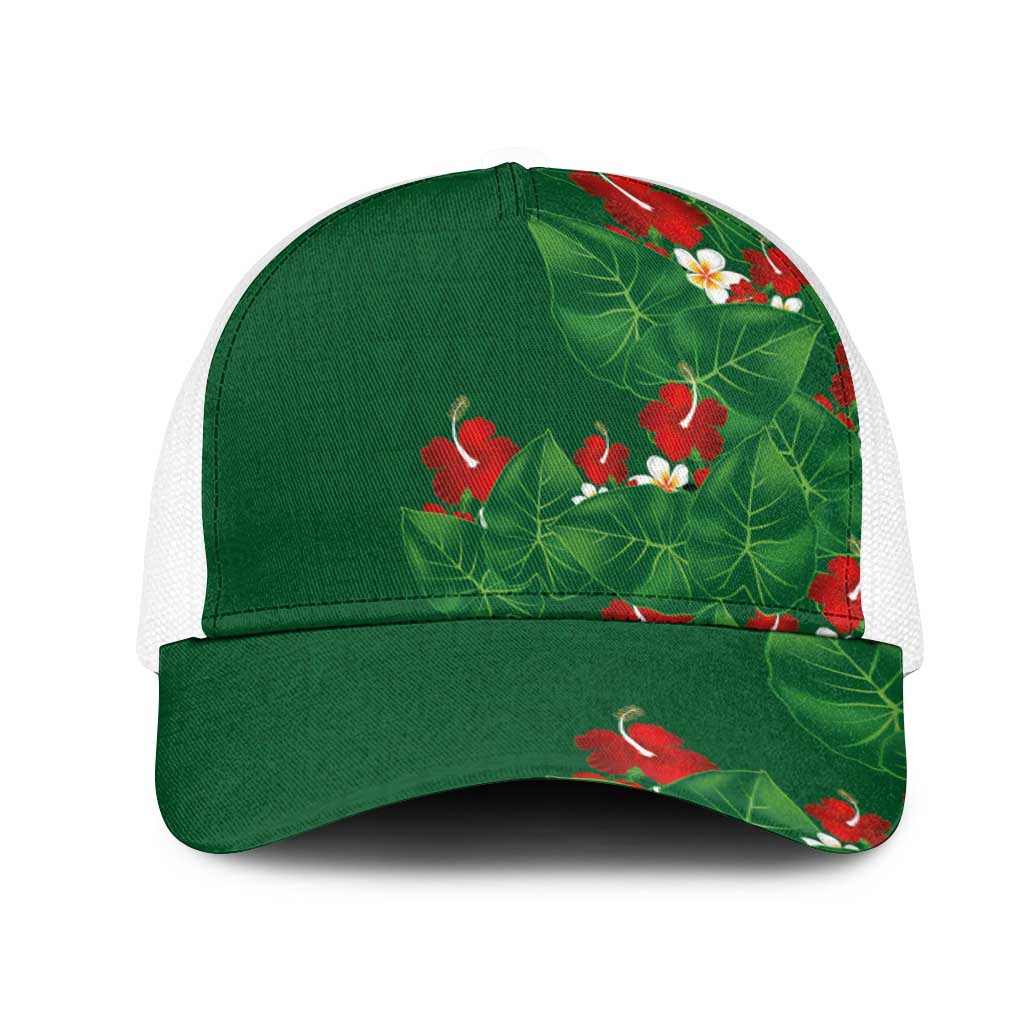 Hawaiian Taro Leaves-Hibiscus and Plumeria Mesh Trucker Cap Polynesian Art-Kakau Tattoo Green LT03 One Size White Green - Polynesian Pride