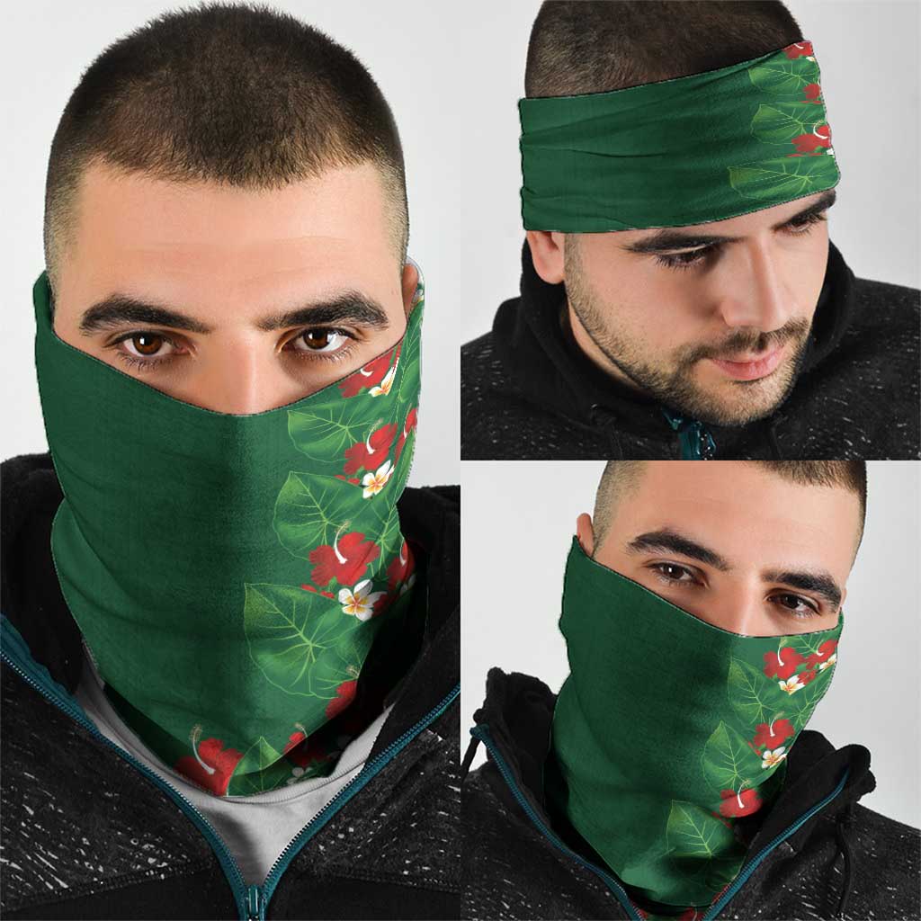 Hawaiian Taro Leaves-Hibiscus and Plumeria Neck Gaiter Polynesian Art-Kakau Tattoo Green LT03 - Polynesian Pride