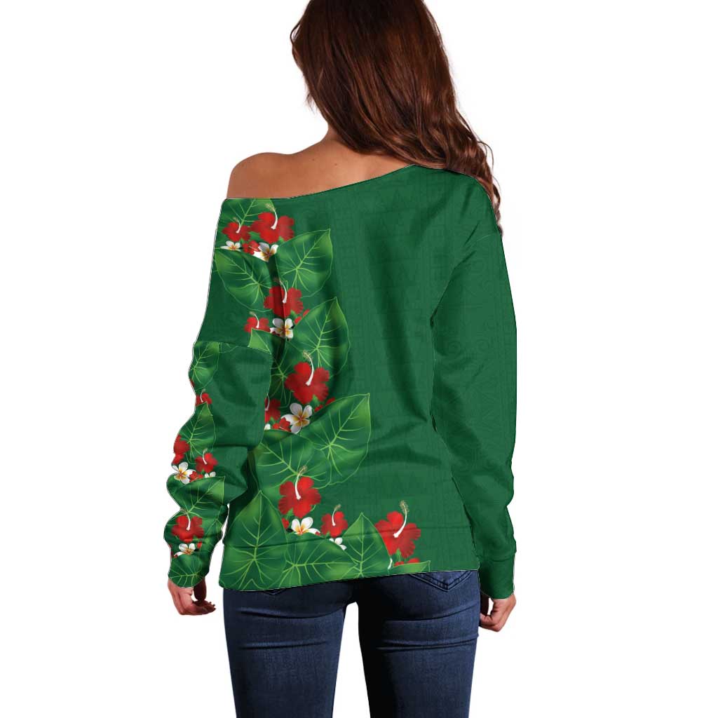 Hawaiian Taro Leaves-Hibiscus and Plumeria Off Shoulder Sweater Polynesian Art-Kakau Tattoo Green LT03 - Polynesian Pride