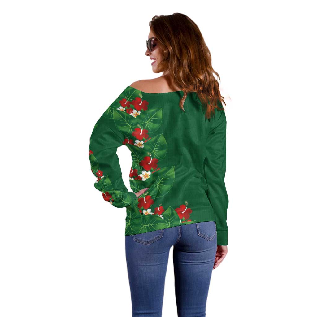 Hawaiian Taro Leaves-Hibiscus and Plumeria Off Shoulder Sweater Polynesian Art-Kakau Tattoo Green LT03 - Polynesian Pride