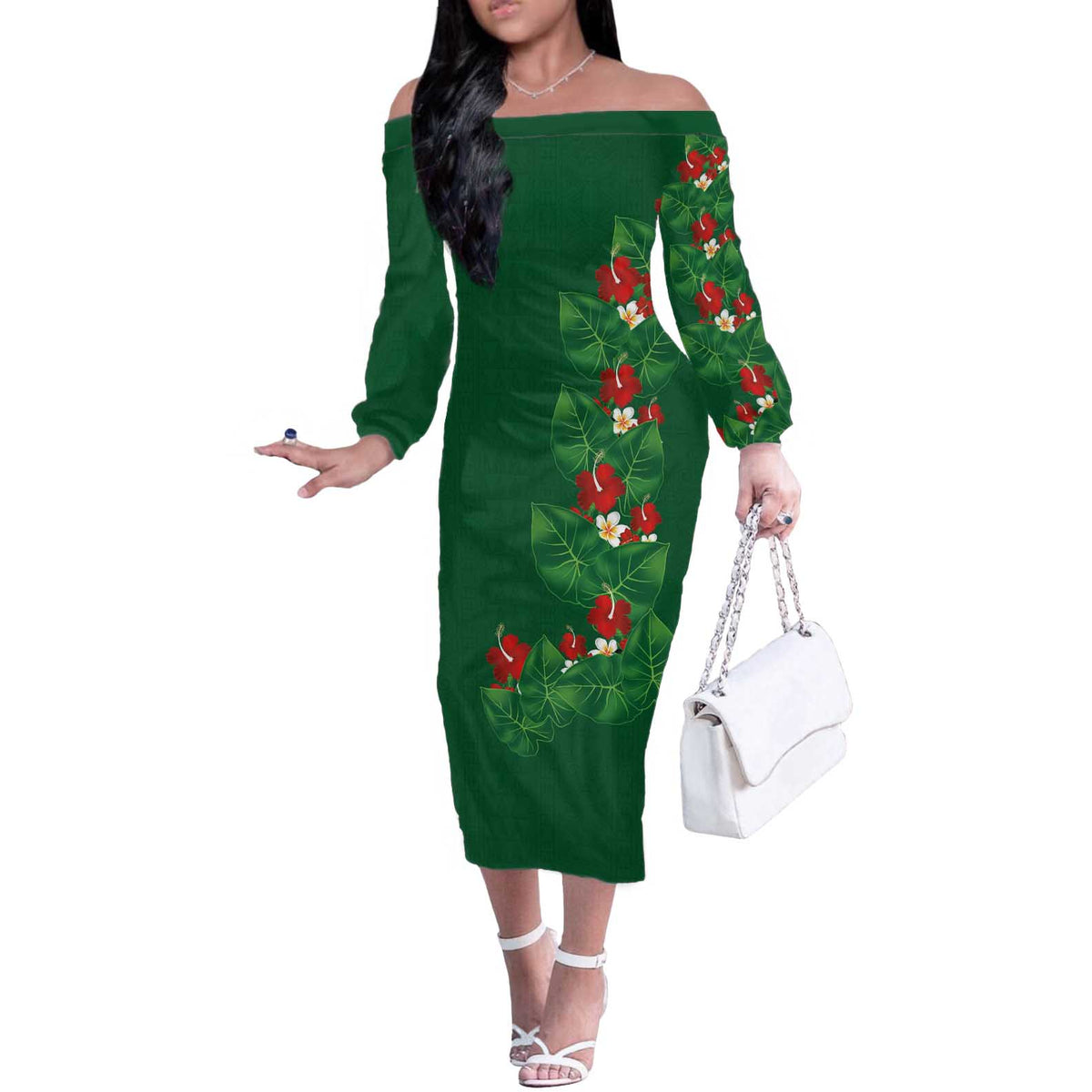 Hawaiian Taro Leaves-Hibiscus and Plumeria Off The Shoulder Long Sleeve Dress Polynesian Art-Kakau Tattoo Green LT03 Women Green - Polynesian Pride