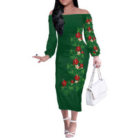 Hawaiian Taro Leaves-Hibiscus and Plumeria Off The Shoulder Long Sleeve Dress Polynesian Art-Kakau Tattoo Green LT03 Women Green - Polynesian Pride