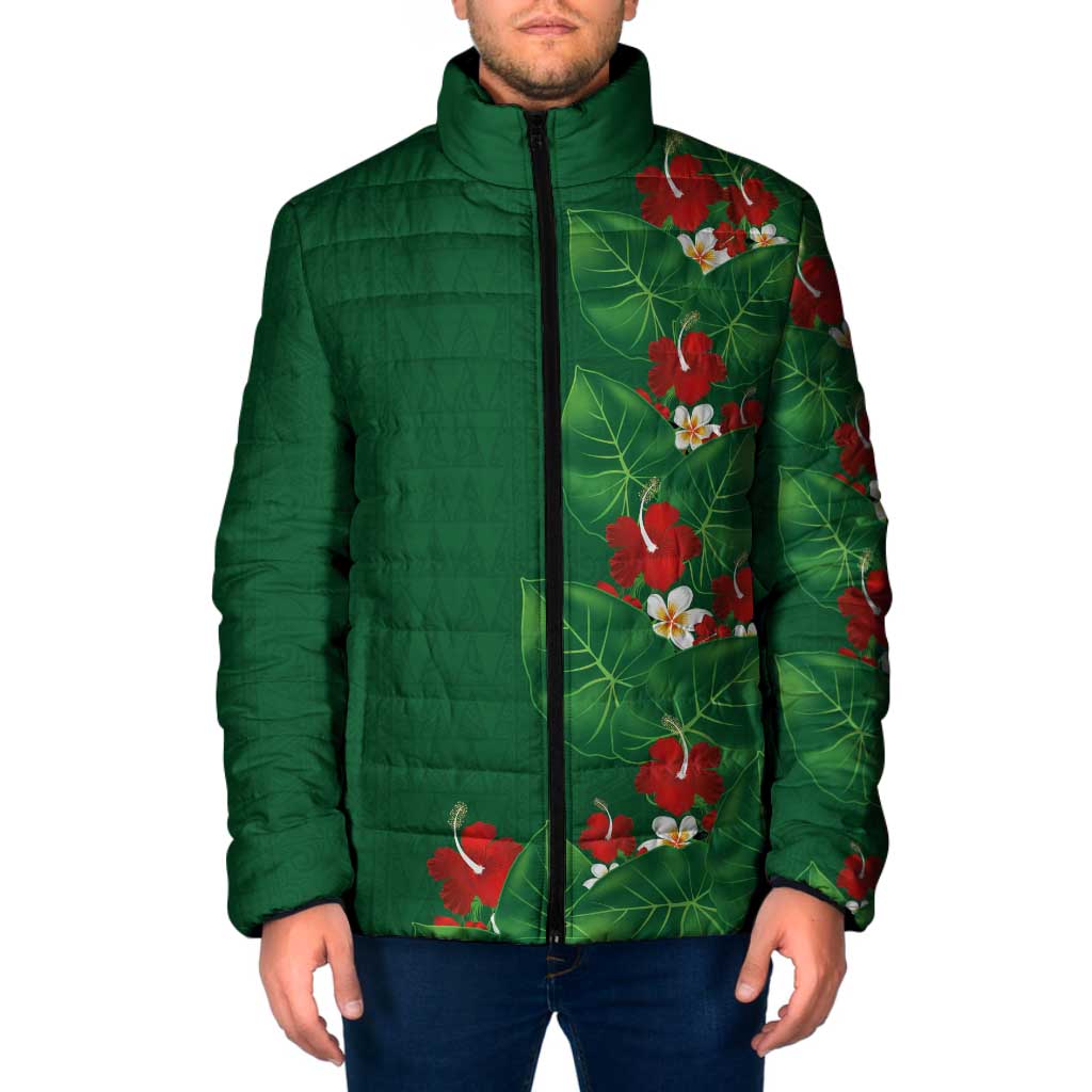 Hawaiian Taro Leaves-Hibiscus and Plumeria Padded Jacket Polynesian Art-Kakau Tattoo Green LT03 Men Green - Polynesian Pride