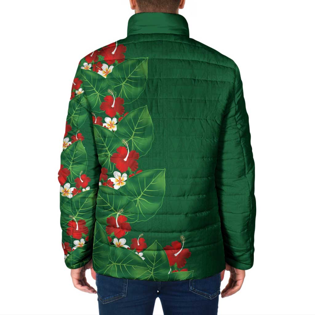 Hawaiian Taro Leaves-Hibiscus and Plumeria Padded Jacket Polynesian Art-Kakau Tattoo Green LT03 - Polynesian Pride