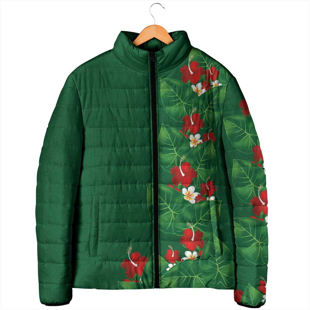 Hawaiian Taro Leaves-Hibiscus and Plumeria Padded Jacket Polynesian Art-Kakau Tattoo Green LT03 - Polynesian Pride