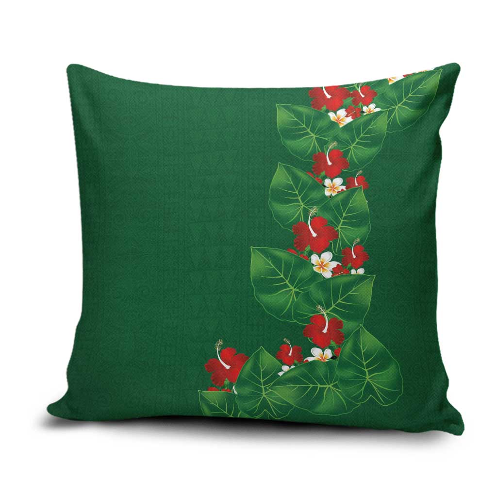 Hawaiian Taro Leaves-Hibiscus and Plumeria Pillow Cover Polynesian Art-Kakau Tattoo Green LT03 Green - Polynesian Pride